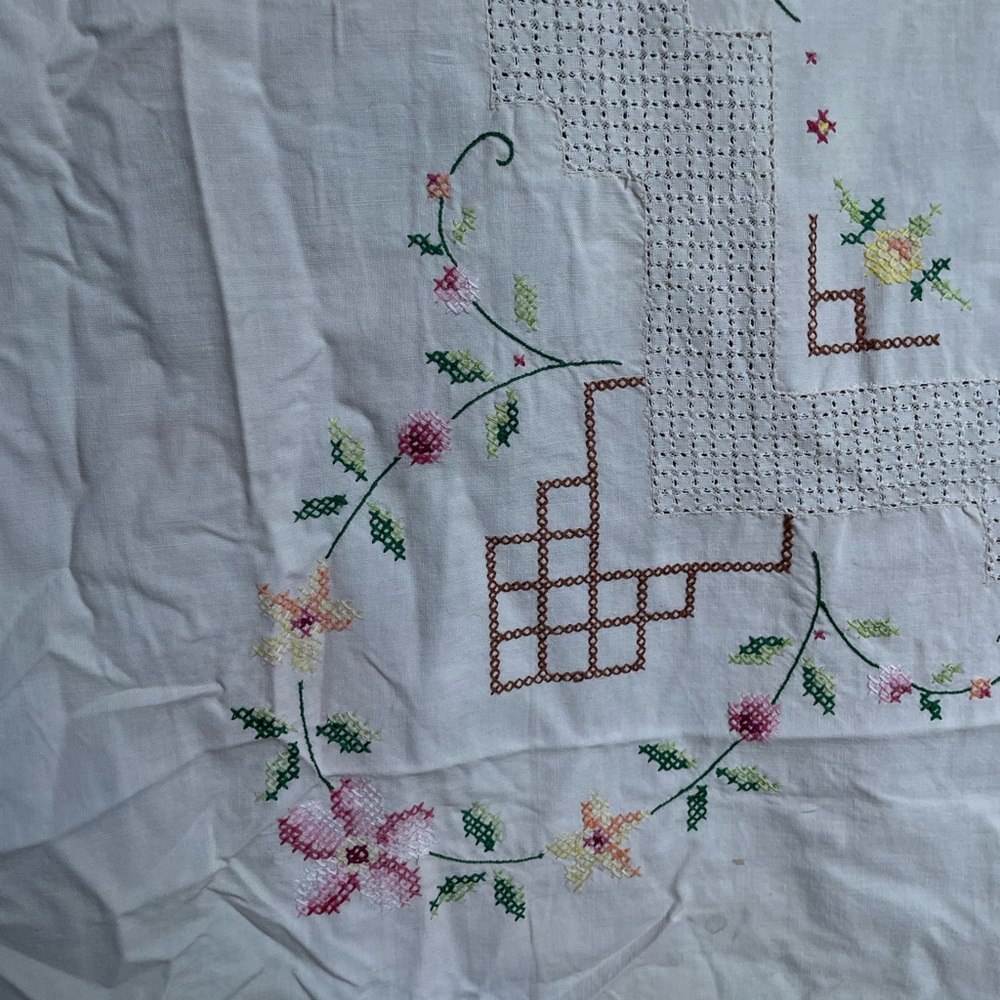 Vintage Tablecloth Hand Embroidered Floral CrossStitch  50” Sewing Upcycle craft - Picture 10 of 14